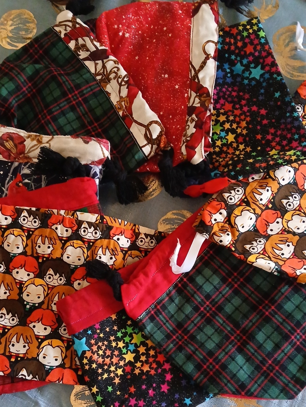 Ten Drawstring Bags Handmade in Red and Multi-Color Prints.